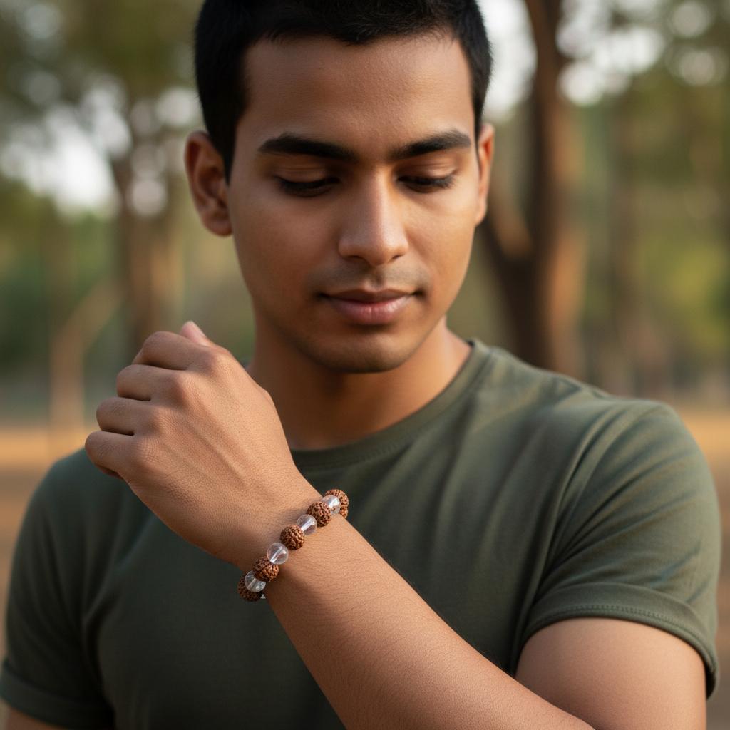 5 Mukhi Rudraksha Bracelet With White Crystals