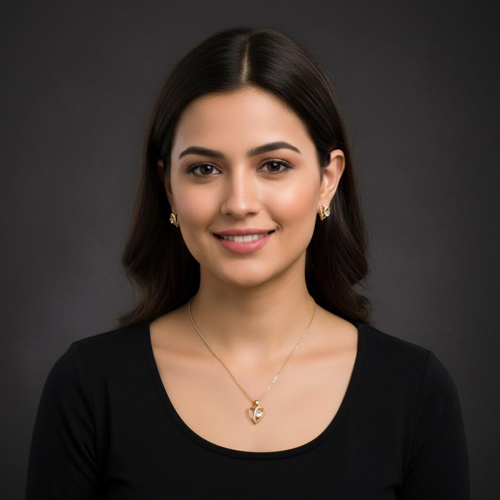 Gold Tone Heart Pendant Chain with Matching Earrings