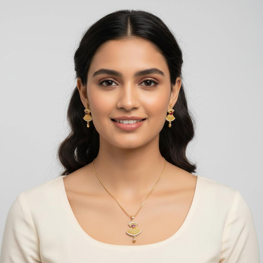 Gold Tone Traditional Pendant Chain with Matching Earrings